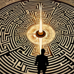 A creative professional (designer) standing perplexed in a fantastical, intricate labyrinth formed by abstract design elements, fragmented text, and swirling mood boards. A glowing, erratic compass spins wildly in their hand, symbolizing a vague and confusing client brief. The scene should evoke a sense of creative frustration and lost direction, yet with a modern, digital art aesthetic.