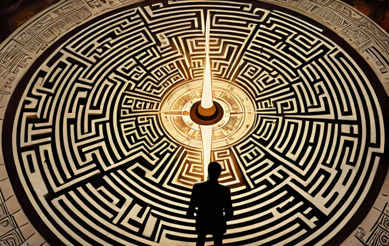 A creative professional (designer) standing perplexed in a fantastical, intricate labyrinth formed by abstract design elements, fragmented text, and swirling mood boards. A glowing, erratic compass spins wildly in their hand, symbolizing a vague and confusing client brief. The scene should evoke a sense of creative frustration and lost direction, yet with a modern, digital art aesthetic.