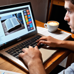 Focused Study Session**

Prompt: *Close-up shot of a focused graphic design student in Italy, illuminated by a laptop screen displaying design software. Scattered notes, textbooks on advertising, and a steaming cappuccino are on the wooden desk. Emphasize concentration and determination.*

**