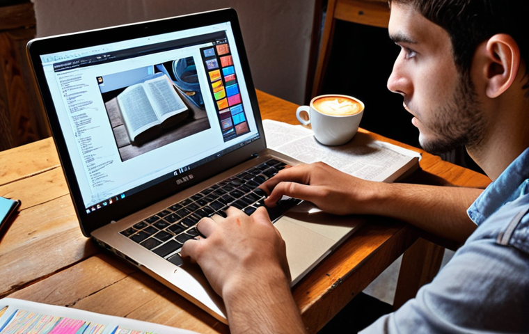 Focused Study Session**

Prompt: *Close-up shot of a focused graphic design student in Italy, illuminated by a laptop screen displaying design software. Scattered notes, textbooks on advertising, and a steaming cappuccino are on the wooden desk. Emphasize concentration and determination.*

**