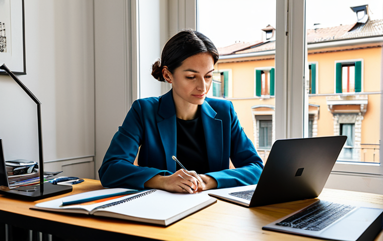 Freelance Designer at Home**
"A fully clothed graphic designer working from a bright, modern home office in Milan. She is wearing stylish, professional attire. Her desk has a laptop, sketchbook, and design tools. Large window overlooking a vibrant Italian city street. The scene conveys focus and creativity. Safe for work, appropriate content, professional, perfect anatomy, natural pose, well-formed hands, proper finger count, natural body proportions, high quality."
**