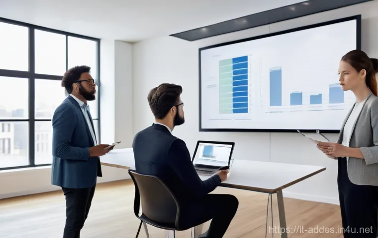 광고디자인 프로젝트 피드백 받는 법 - **Prompt:** A diverse group of professional graphic designers and a client are gathered around a lar...