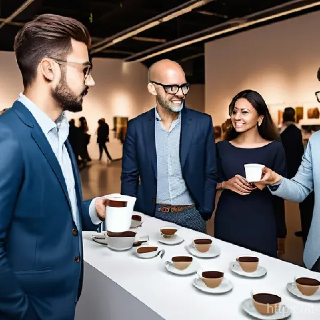 광고디자인 취업을 위한 네트워킹 전략 - A bustling and vibrant creative industry networking event happening in a modern, architecturally imp...