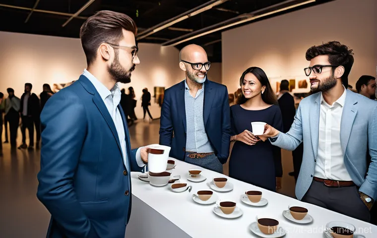 광고디자인 취업을 위한 네트워킹 전략 - A bustling and vibrant creative industry networking event happening in a modern, architecturally imp...