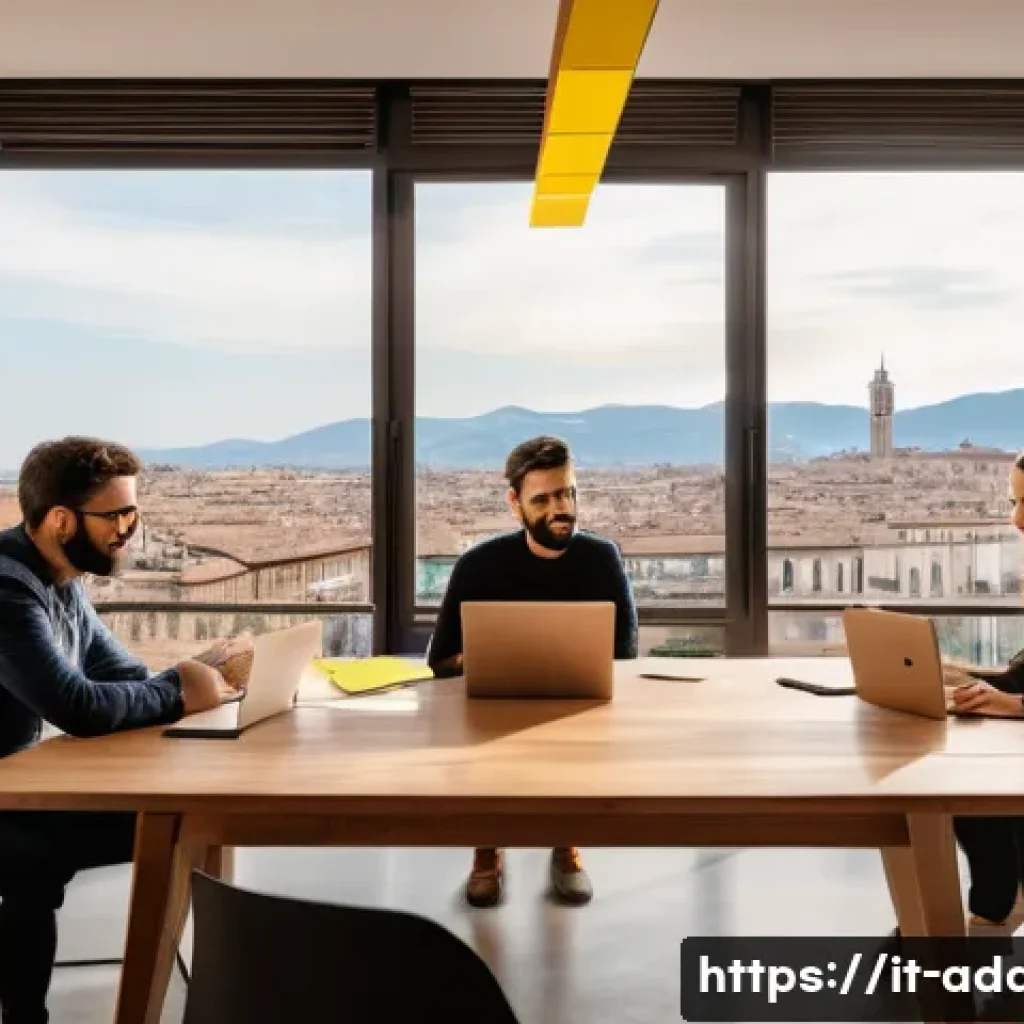 광고디자인 직무에서의 협업 스킬 - A modern creative office scene showing a diverse Italian advertising team collaborating around a lar...