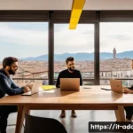 Home 18 광고디자인 직무에서의 협업 스킬 - A modern creative office scene showing a diverse Italian advertising team collaborating around a lar...