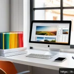 광고디자인 자격증 취득 전후 해야 할 일 - A modern, bright home office setup tailored for a graphic designer preparing for a certification exa...