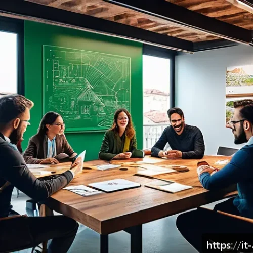 광고디자인 직무에서의 문제 해결 사례 - A professional marketing team brainstorming in a modern Italian office, diverse group collaborating ...