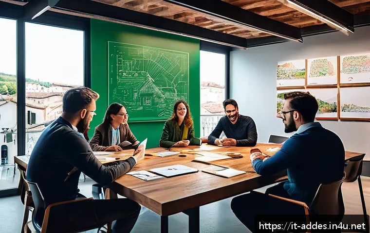 광고디자인 직무에서의 문제 해결 사례 - A professional marketing team brainstorming in a modern Italian office, diverse group collaborating ...