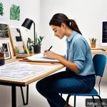 광고디자인 실기 과제 합격 전략 - A detailed creative workspace scene showcasing an Italian design student preparing for a practical a...