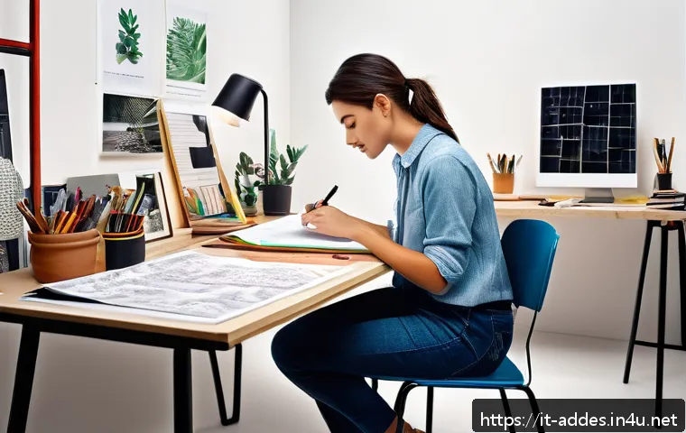 광고디자인 실기 과제 합격 전략 - A detailed creative workspace scene showcasing an Italian design student preparing for a practical a...