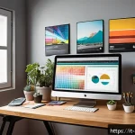 광고디자인 독학으로 자격증 취득하기 - A modern, well-organized creative workspace for an Italian freelance graphic designer specializing i...