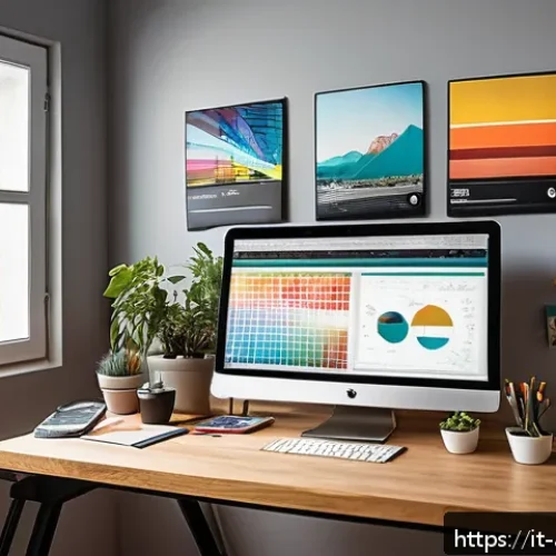 광고디자인 독학으로 자격증 취득하기 - A modern, well-organized creative workspace for an Italian freelance graphic designer specializing i...