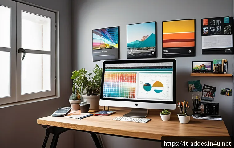 광고디자인 독학으로 자격증 취득하기 - A modern, well-organized creative workspace for an Italian freelance graphic designer specializing i...